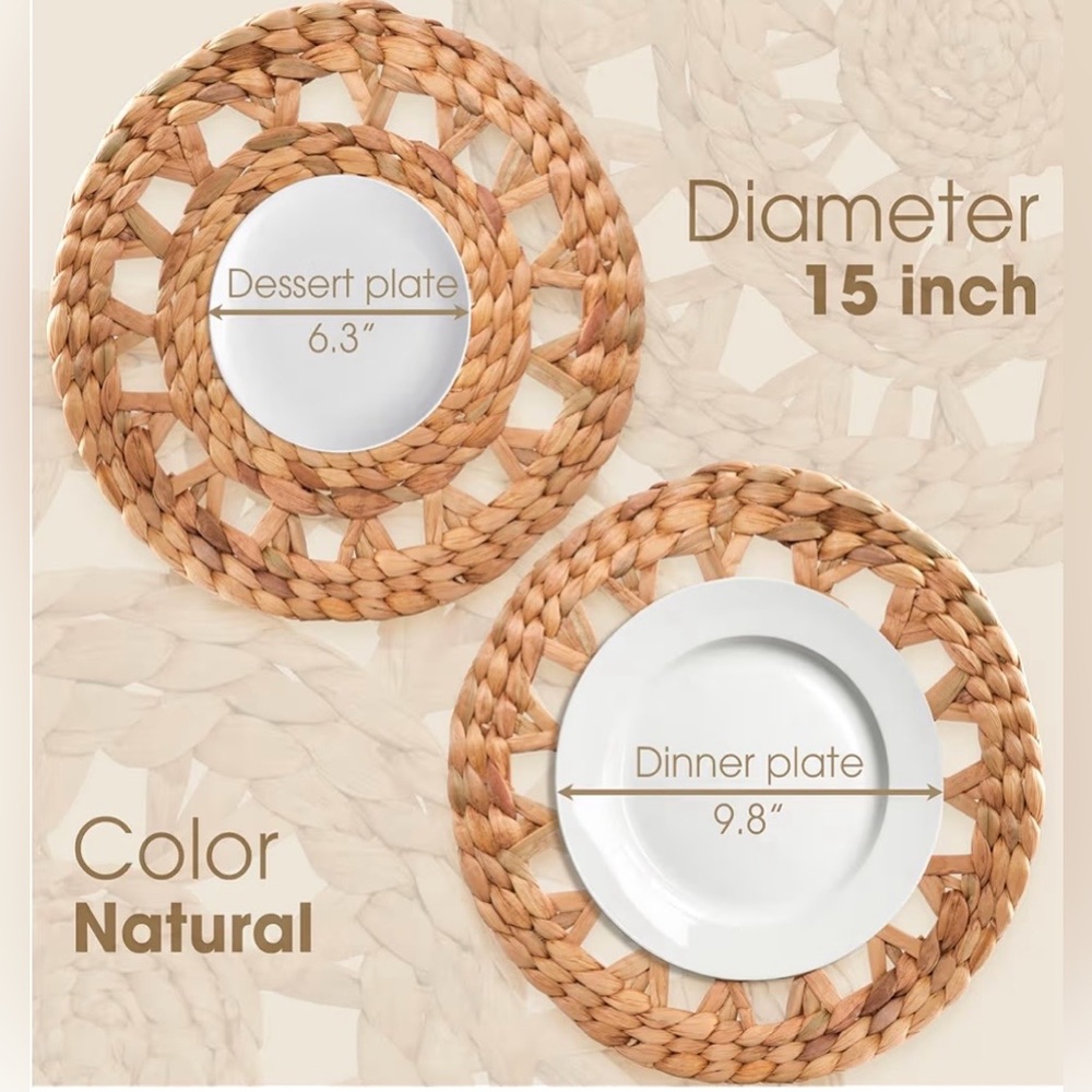 NWT 6 Placemats Round, Natural Wicker Placemat Heat Resistant‎ Non-Slip 15"